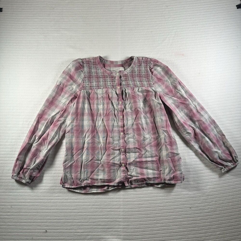 LOFT Women’s Medium Plaid Smocked Peasant Blouse Pink Gray Button Front